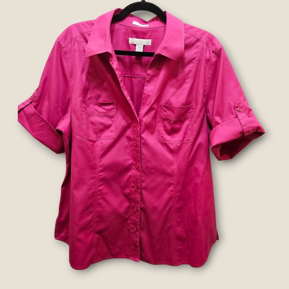 Chico's Women's No Iron Roll Tab Sleeve Button Up Shirt Top Pink Sz 3(XL) Cotton